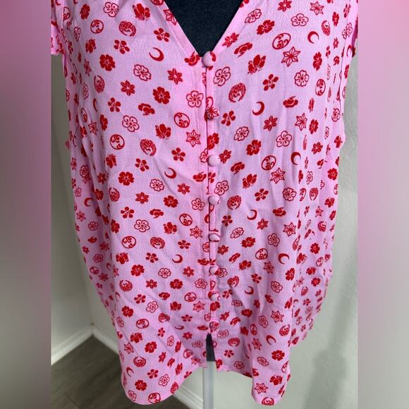 Pink Moon Floral Frill Sleeve Top-SZ 12 pink- ruffle- button up -valentine Linen - Picture 13 of 14